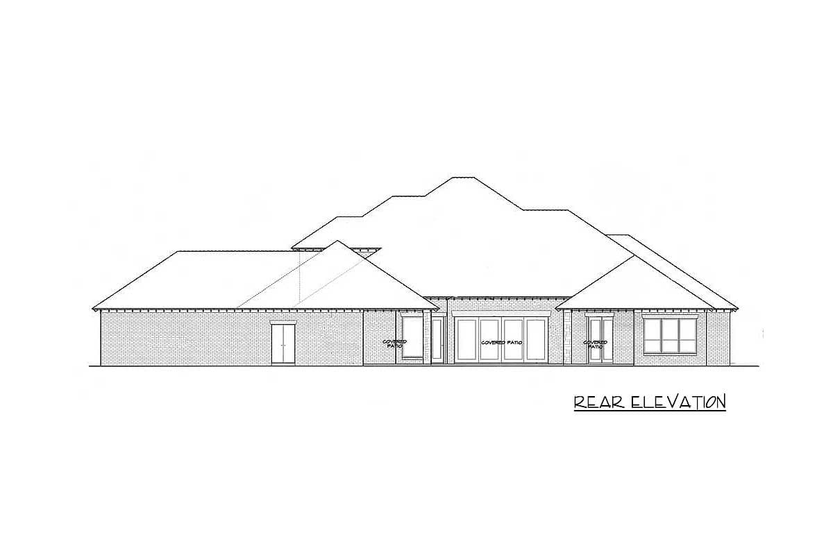 Rear elevation drawing of a house plan featuring brick exterior, multiple covered patios, and large folding glass doors.