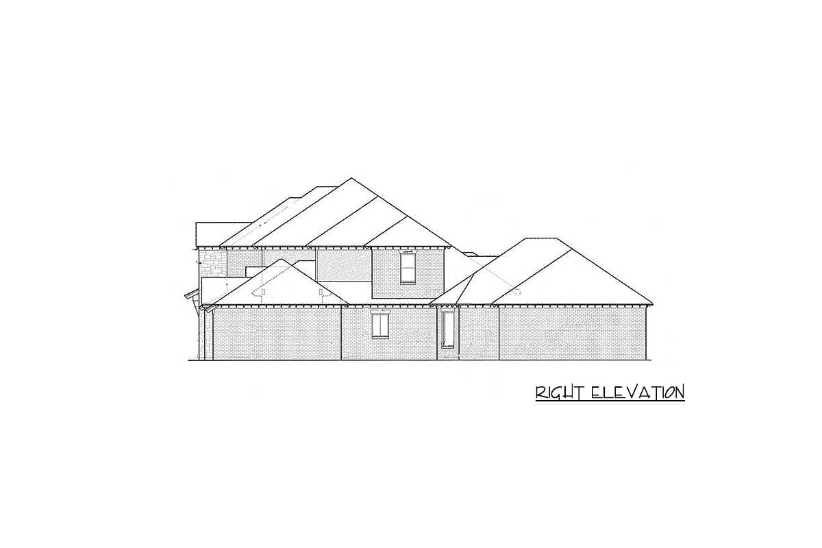 Right elevation house plan drawing showing brick exterior, varied rooflines, and multiple gables.