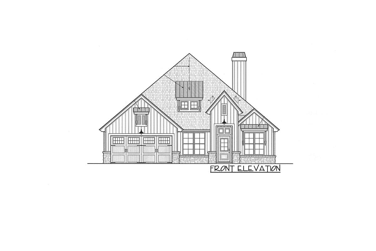 Front elevation of a house plan featuring a gabled roof, dormer, prominent chimney, and three-car garage.