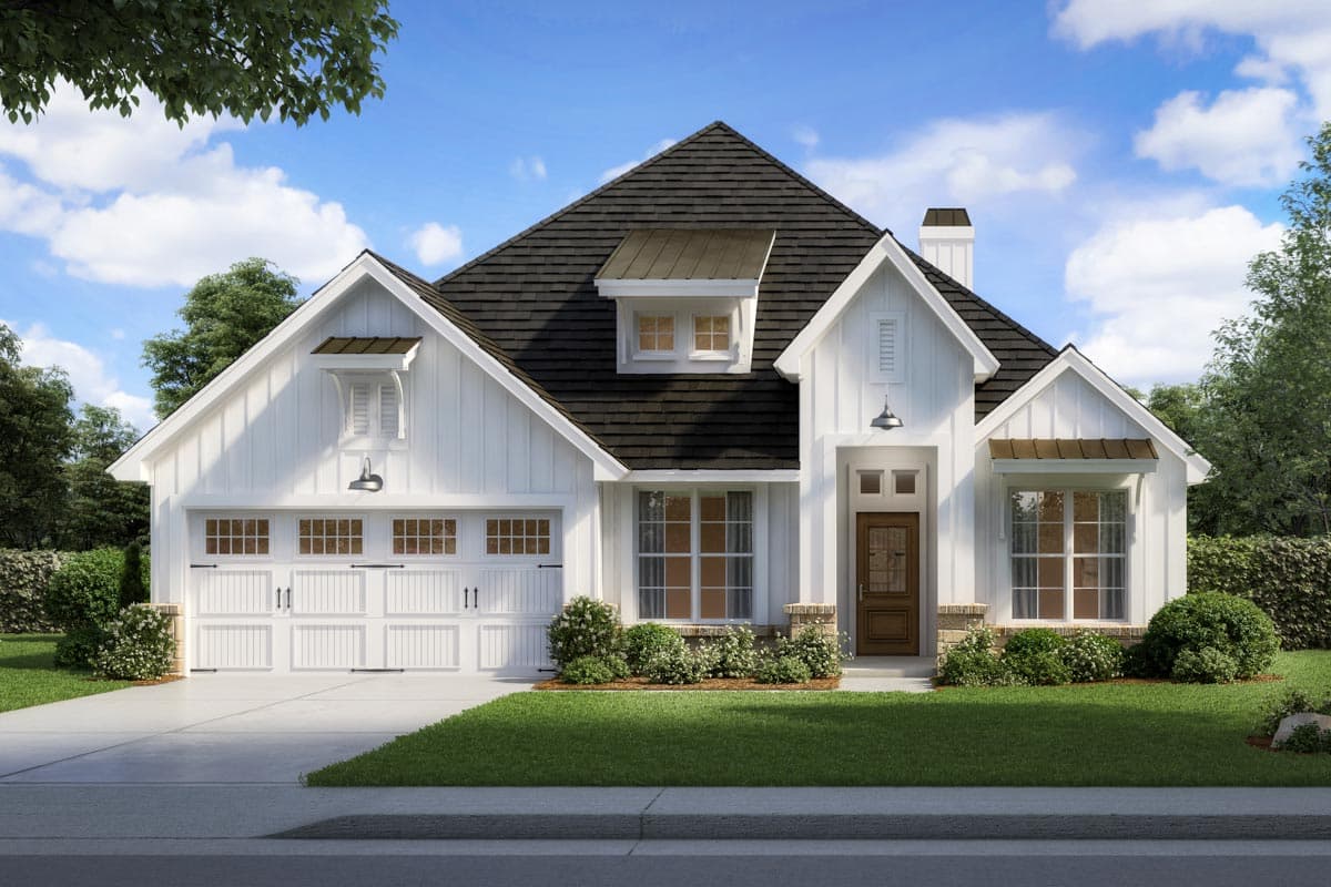 Modern Farmhouse house plan exterior with a two-car garage, dormer, and board-and-batten siding.