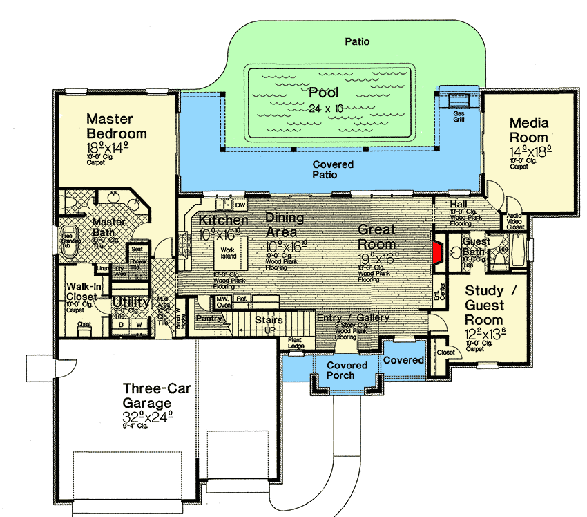 Plan 48608FM: Exclusive Two-story House Plan with Future Bonus Room - 2768 Sq Ft - Floor Plan - Main Level - European, Southern, Transitional