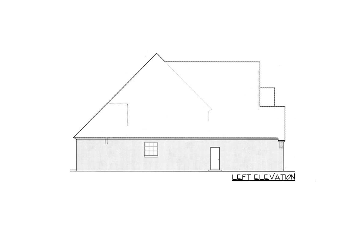 Left elevation drawing of a house plan, showing a multi-pitched roof, a window, and a door.