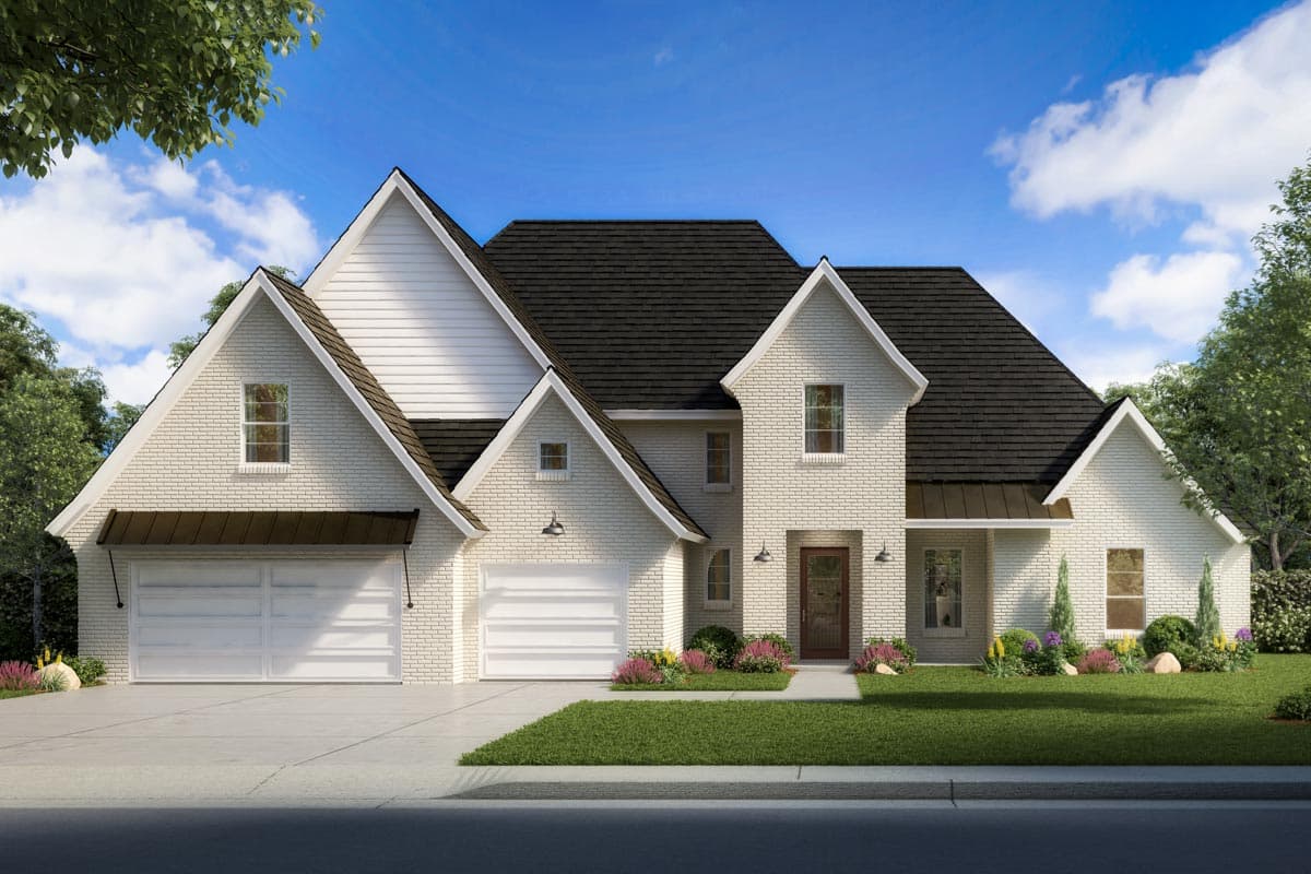 House plan exterior: Two-story modern farmhouse with white brick, multiple gables, a three-car garage, and covered entry.