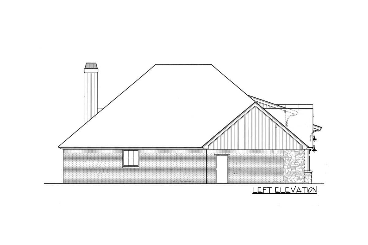Left elevation drawing of a house plan featuring a prominent gable, brick and stone exterior, chimney, and single door.