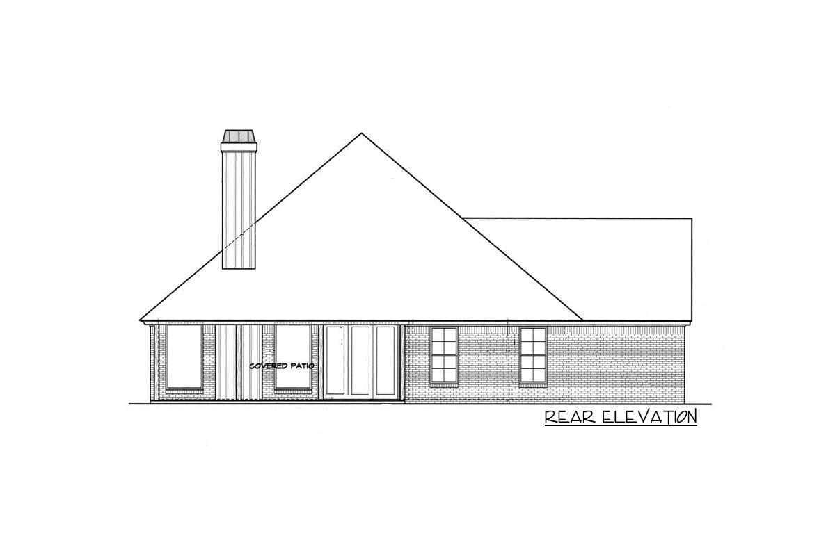 Rear elevation drawing of a single-story house with a covered patio, multiple windows, and a chimney.