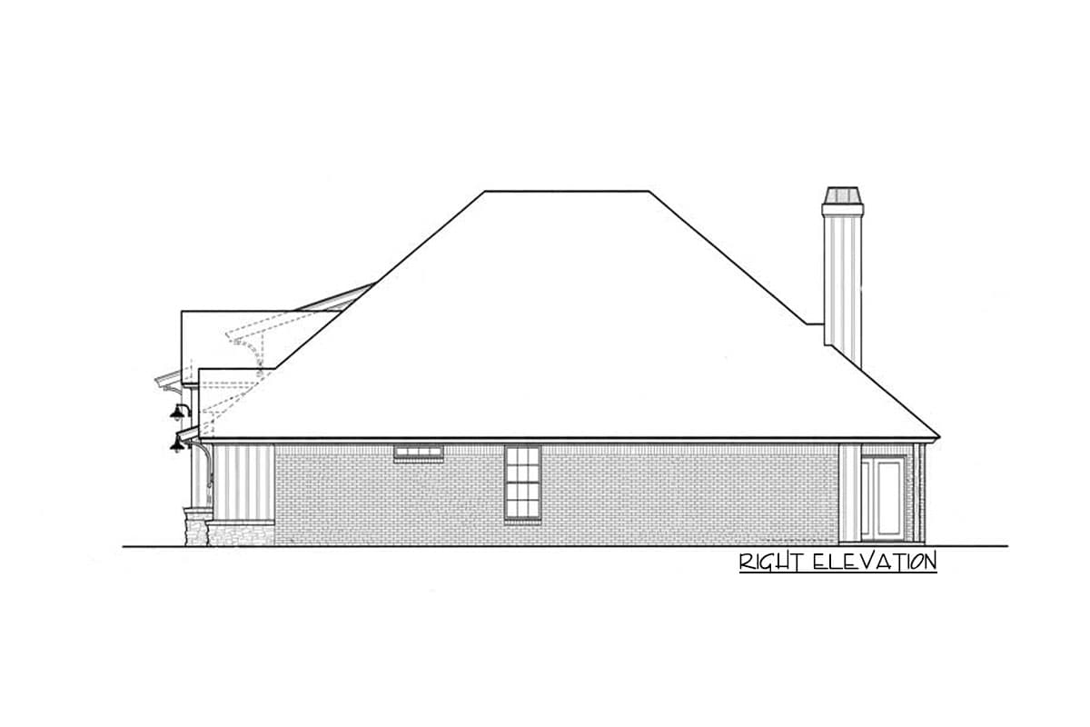 Right elevation drawing of a house plan, showing brick facade, gable roof, chimney, and covered porch with lights.