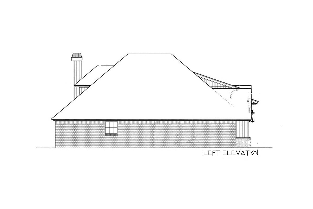 Left elevation of a house plan showing a brick facade, gabled roof, and a prominent chimney. Two stories.