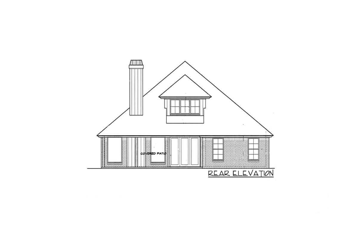 Rear elevation drawing of a house plan showing a large gable roof, dormer, chimney, and covered patio.