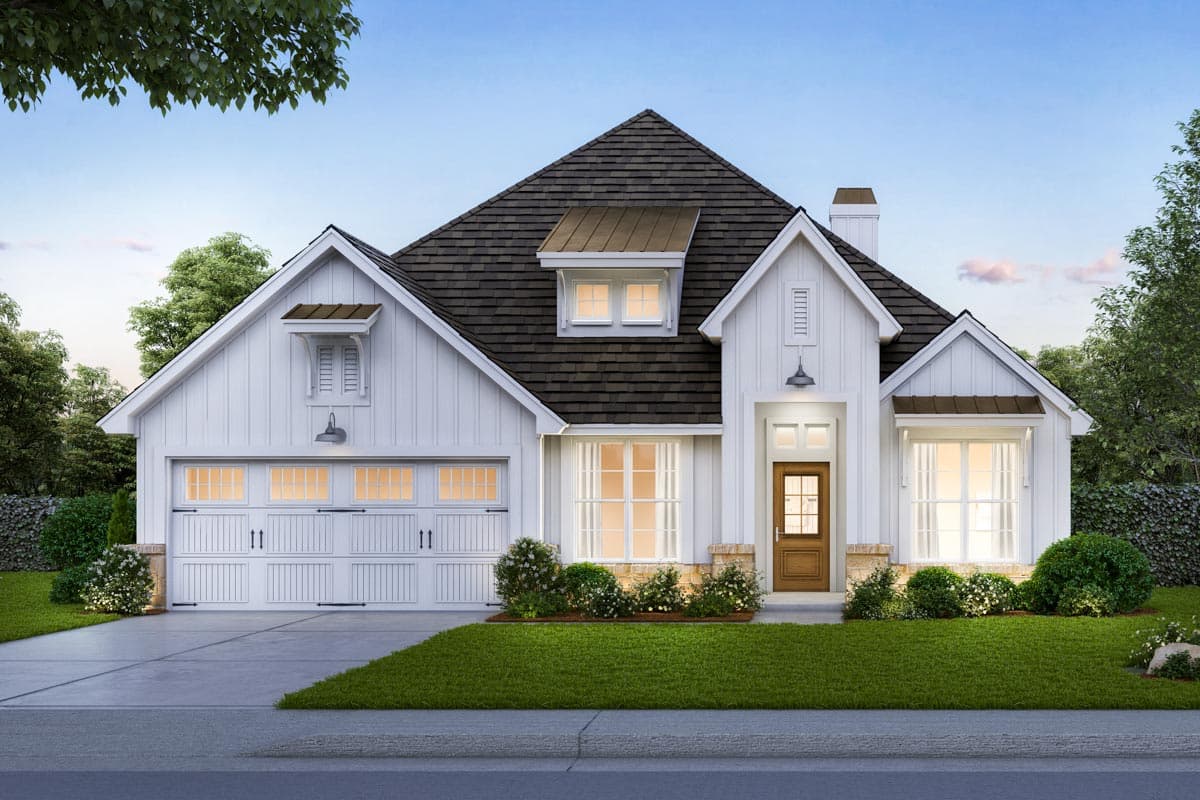 House plan exterior. Modern farmhouse style with gabled roof, dormers, and a two-car garage. Features include white siding and a covered front entry.