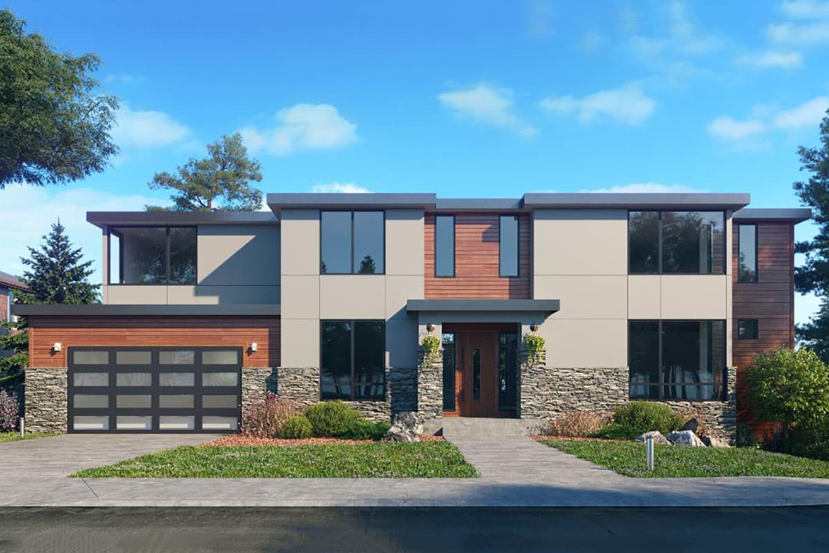 House plan exterior. Modern style, two-story home with flat roof, floor-to-ceiling windows, stone veneer accents, and an attached garage.