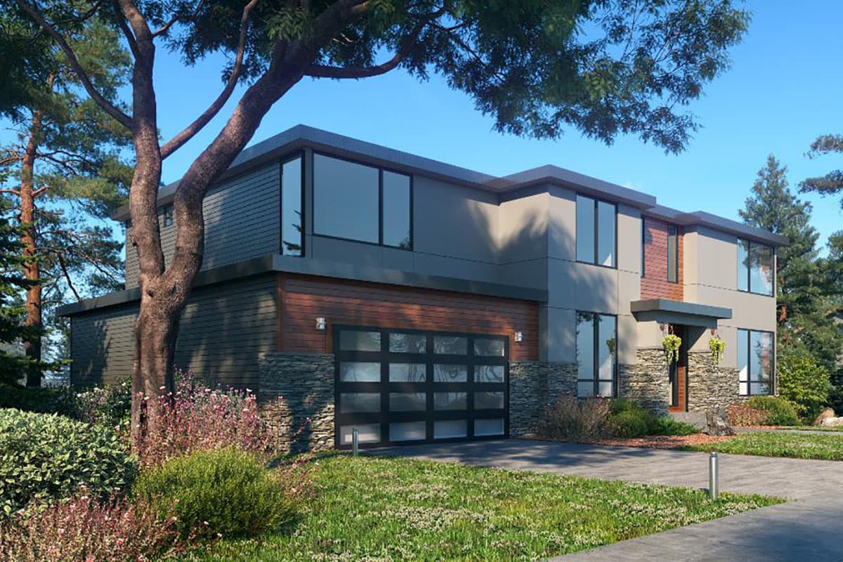 Modern two-story house plan exterior with stacked stone, wood siding, and a glass garage door.