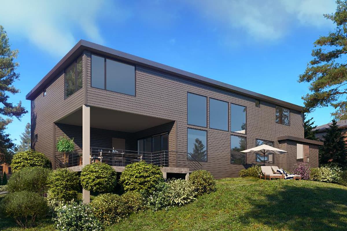 Modern house plan exterior with a covered porch, multiple large windows, and horizontal siding.