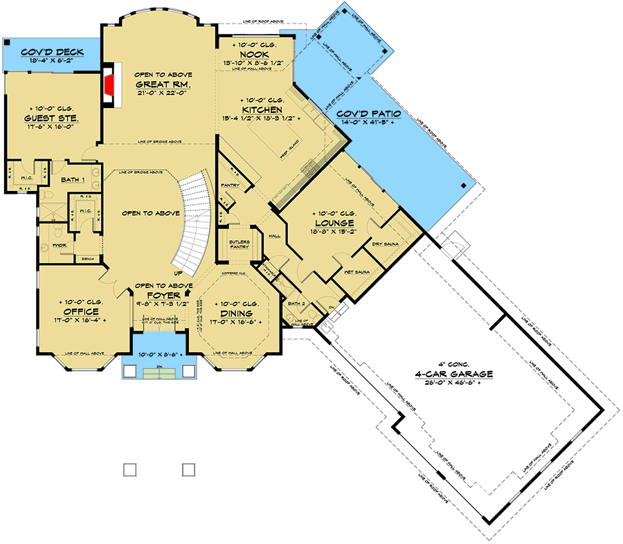 Plan 666108RAF: Luxury Mediterranean Home Plan with Angled 4-Car Garage - Floor Plan - Main Level - Contemporary, Mediterranean, Northwest