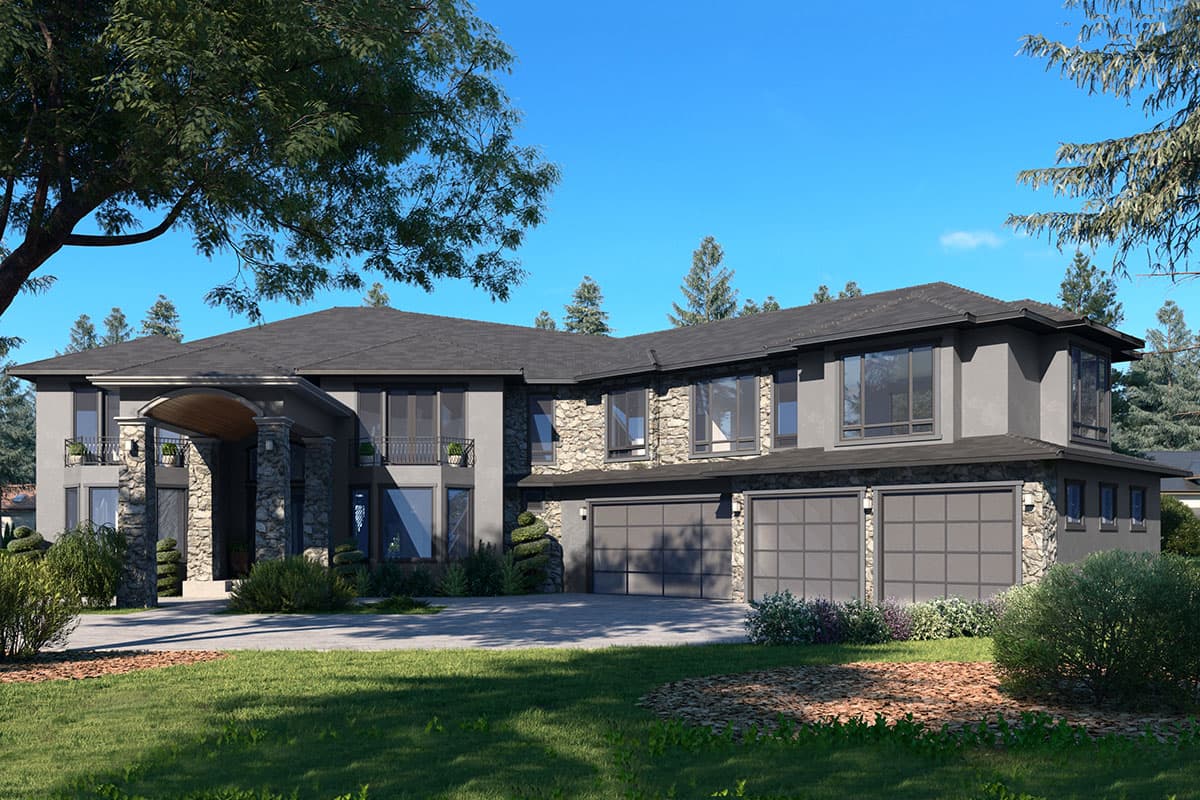 House plan exterior with a covered entryway supported by stone columns, multiple gables, and a three-car garage.