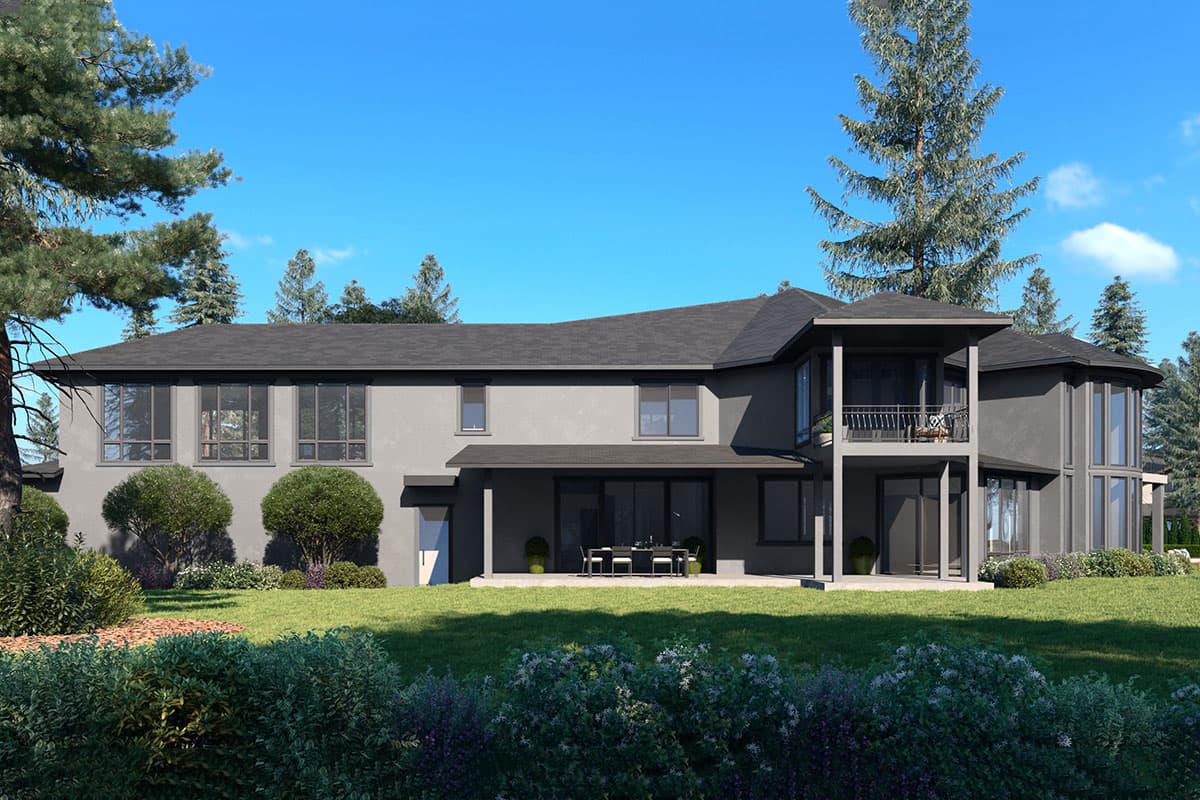 Modern house plan exterior with stucco facade, dark roof, covered patio, and second-story balcony.