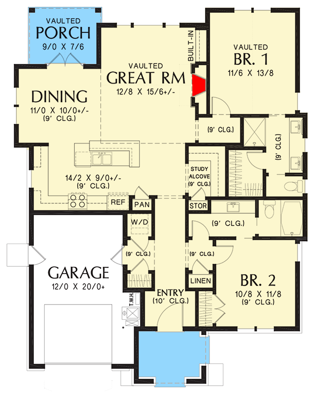 Plan 69762AM: 2-Bed Storybook Cottage House Plan with 1-Car Garage - 1285 Sq Ft - Floor Plan - Main Level - Cottage, European