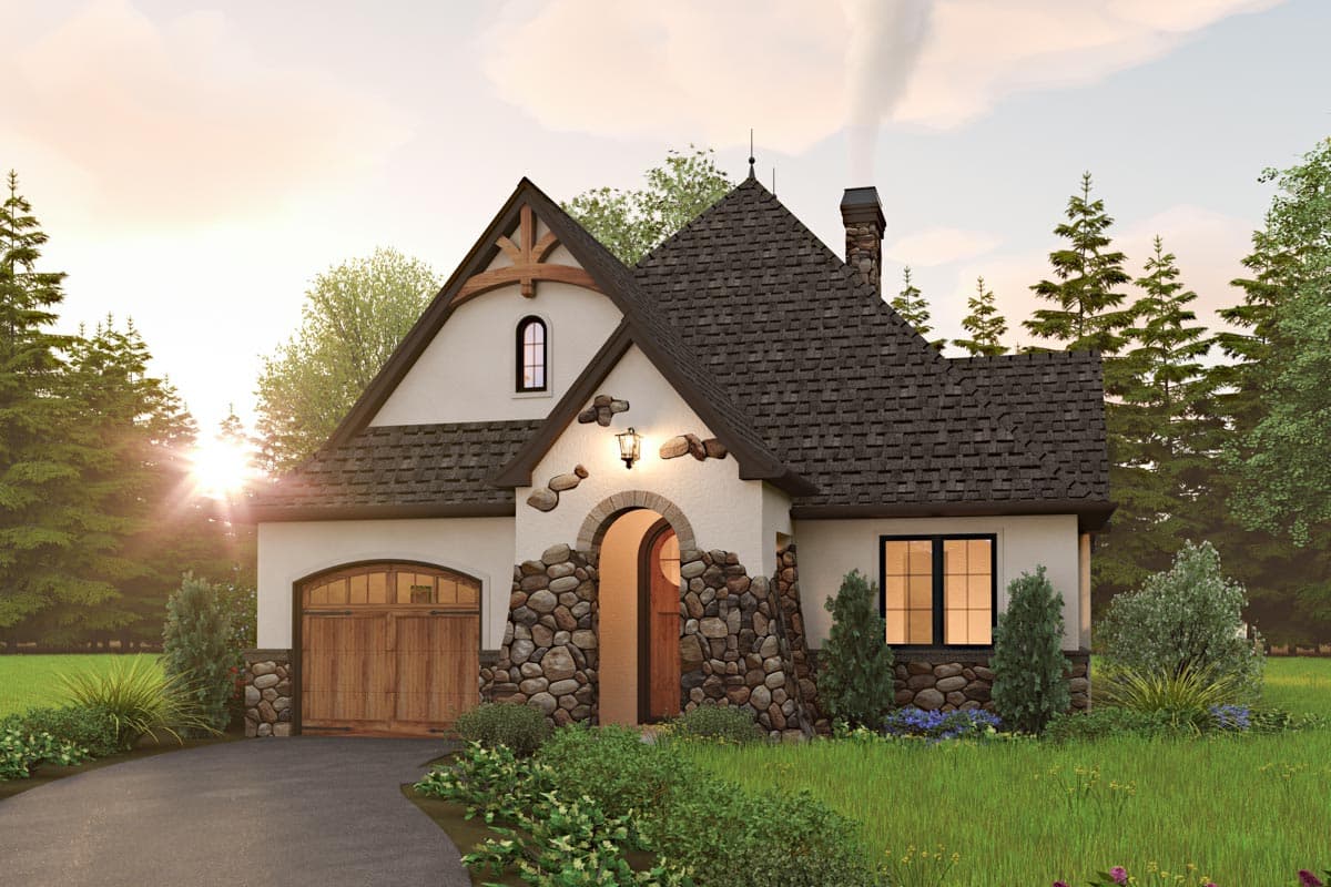 House plan exterior rendering. Features a cottage style with stone accents, arched entryway, and a gabled roof. Includes a garage.
