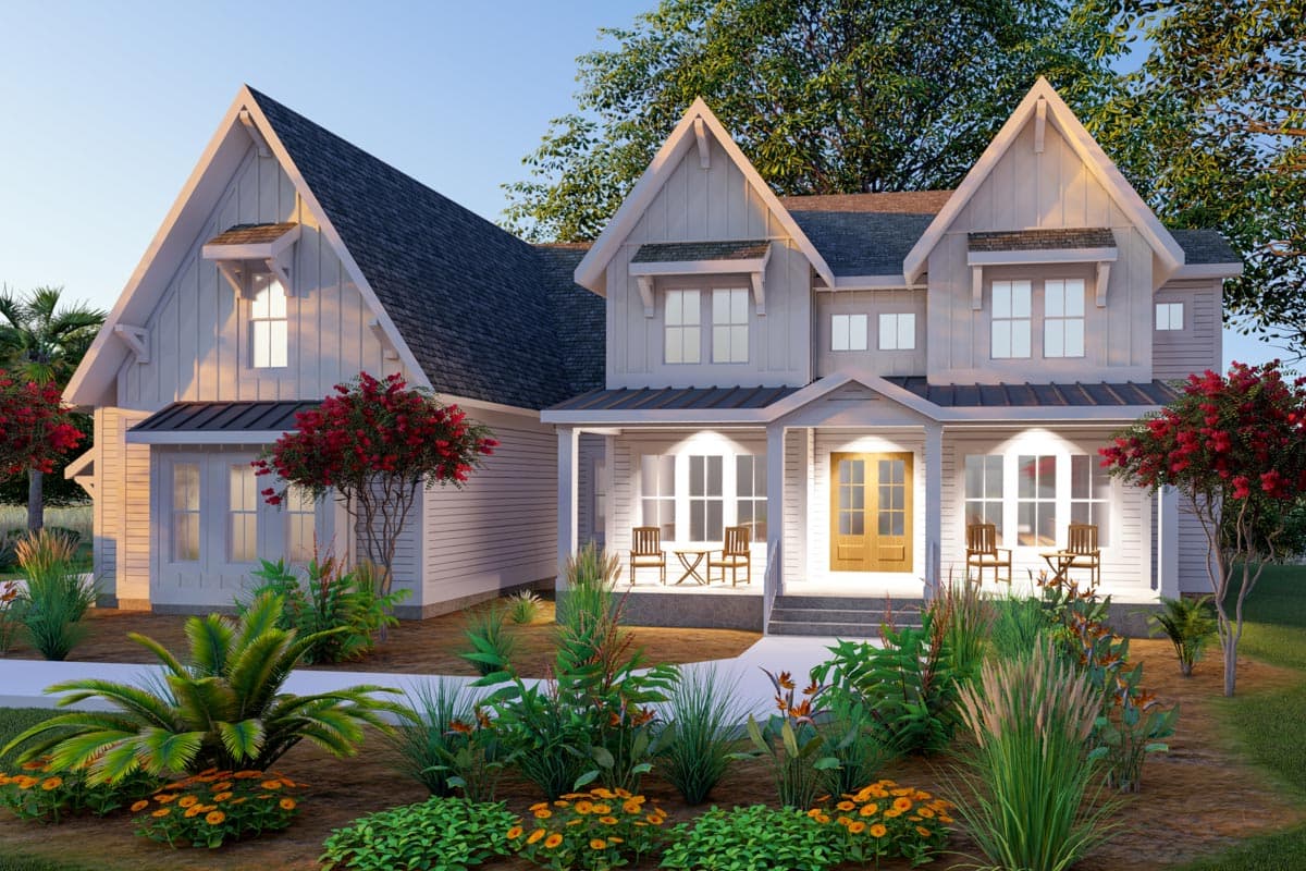 House plan exterior rendering. Two-story Modern Farmhouse with gabled rooflines, covered porch, and dormers.