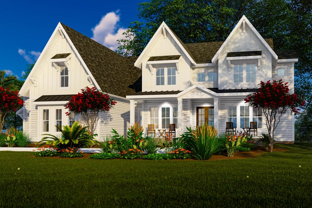Modern Farmhouse house plan exterior with board-and-batten siding, multiple gables, dormers, and a covered front porch.