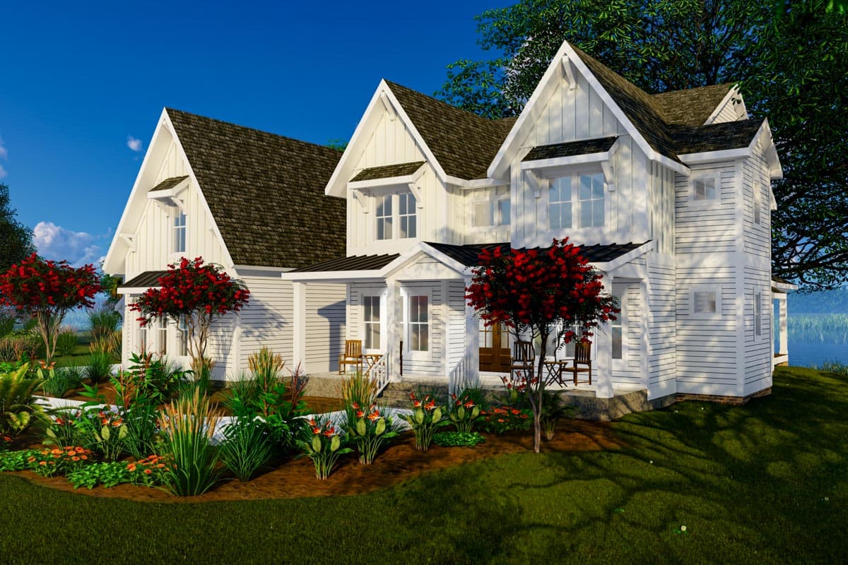 House plan exterior: Modern Farmhouse style, two-story with gabled dormers, multiple gables, and covered entry porches.