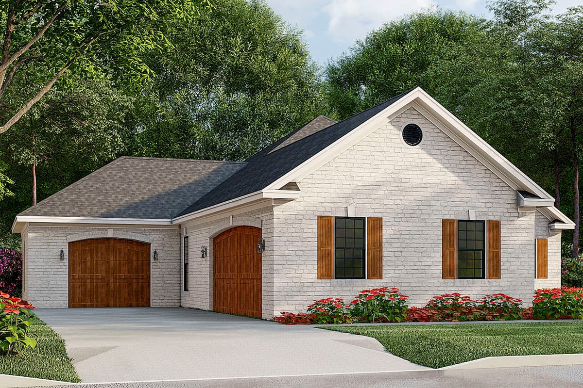House plan exterior: Ranch style, white brick, two arched garage doors, gabled roof, and two windows with shutters.