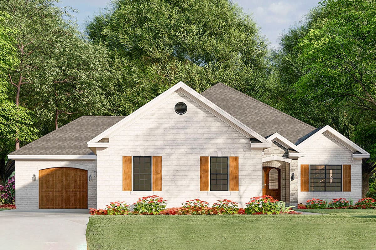 House plan exterior. Single-story ranch with brick facade, gable roof, wood shutters, and an arched garage door.