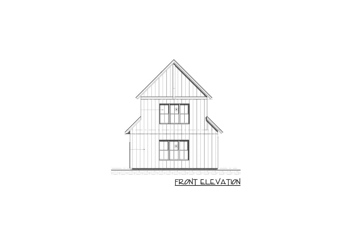 Front elevation drawing of a two-story house plan with vertical siding, gables, and stacked windows.