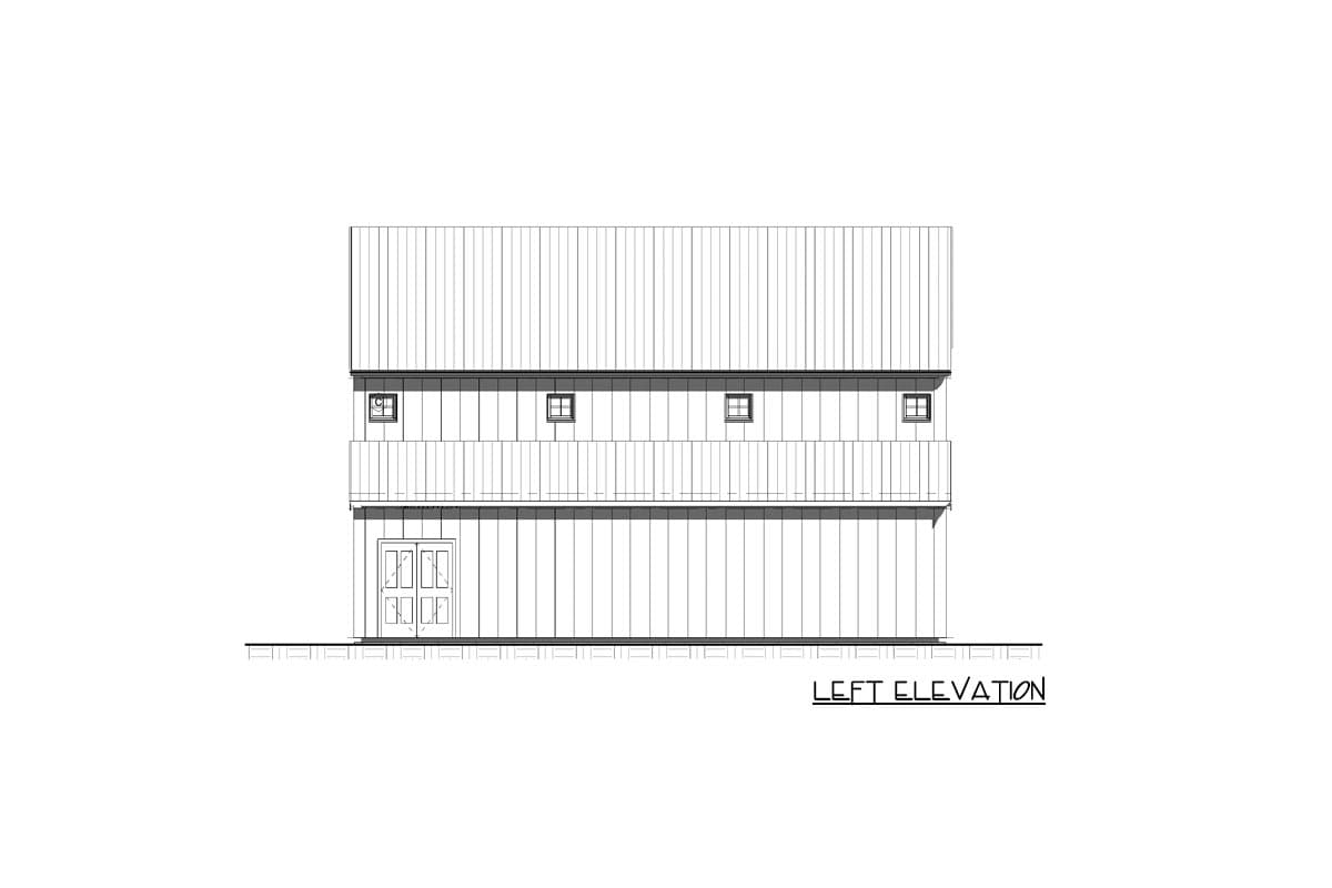Left elevation house plan showing a two-story structure with a metal roof, double doors, and upper-level balcony.