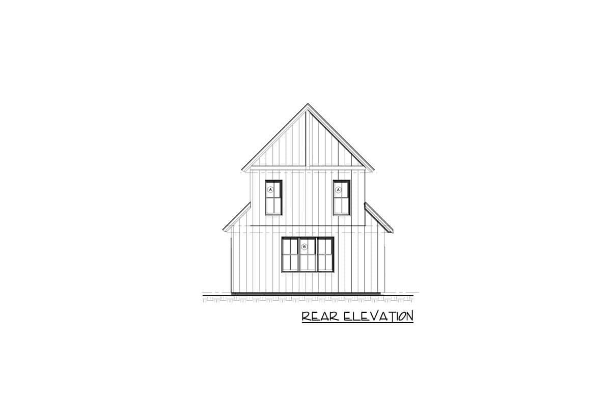 Rear elevation drawing of a two-story house with vertical siding, gabled roof, and multiple windows.
