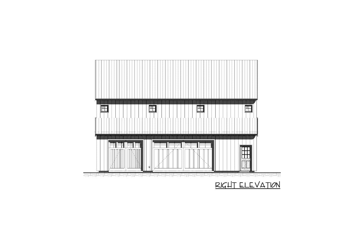 Right elevation drawing of a two-story house plan with vertical siding, two garage doors, and a single entry door.