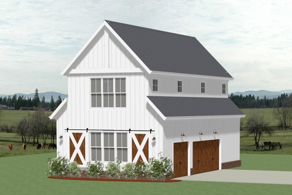 House plan exterior. Two-story Modern Farmhouse with board and batten siding, barn door style accents, and a metal roof over a two-car garage.