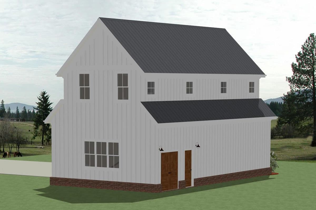 Two-story Modern Farmhouse plan with metal roof, board-and-batten siding, multiple gables, and double doors.
