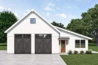 Country Farmhouse ADU Plan with Oversized 1140 Sq Ft Garage and 612 Sq Ft Workshop