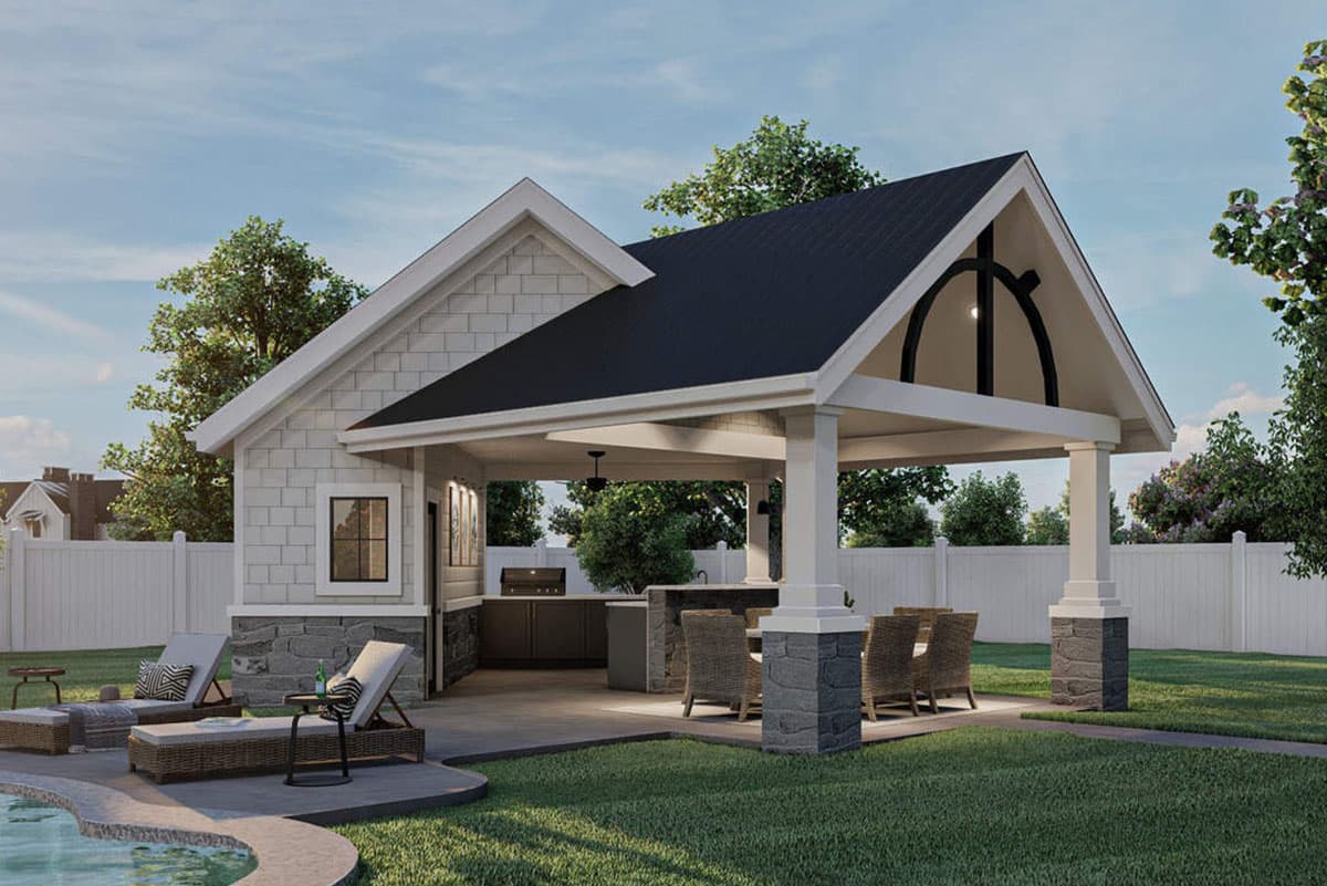 House plan exterior. Features a gabled roof, an open porch with columns, and an outdoor kitchen area. Includes a pool and lounging area.