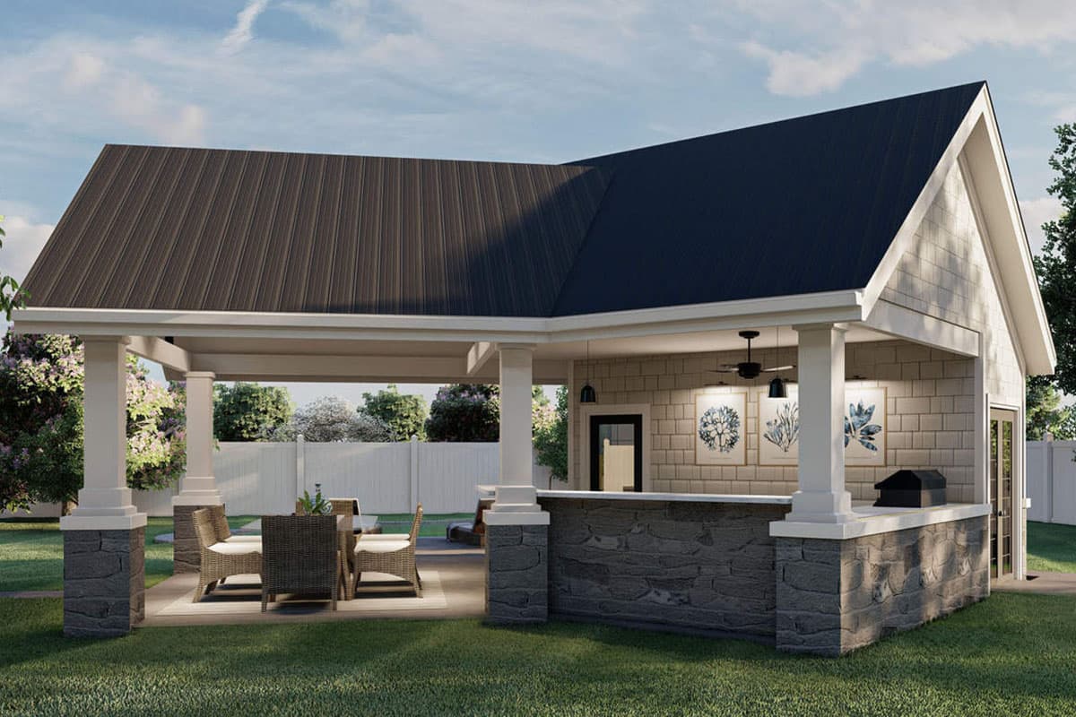 Outdoor living structure with covered patio, seating area, stone-clad bar, and grill.