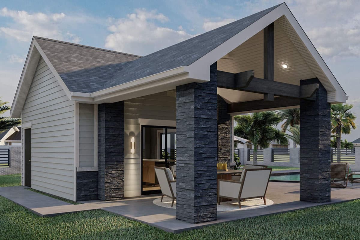 House plan exterior: one-story, gabled roof, covered patio with stone columns and exposed beams.
