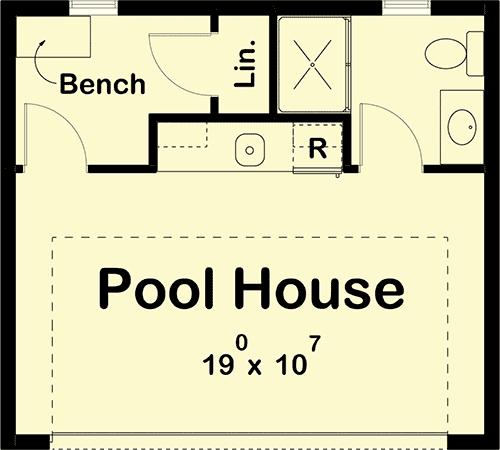 Plan 62970DJ: Poolhouse or Backyard Work-from-home Studio with Front-Facing Garage Door - Floor Plan - Main Level