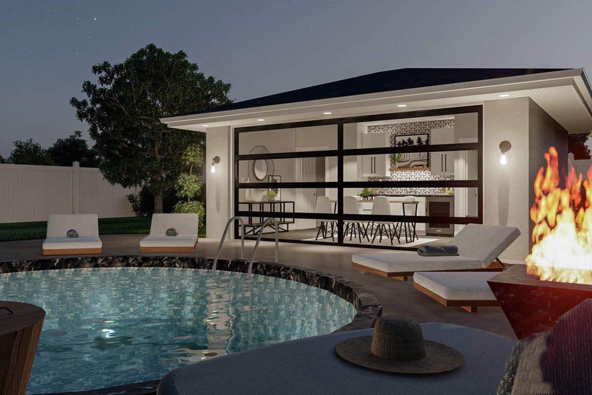 Plan 62970DJ: Poolhouse or Backyard Work-from-home Studio with Front-Facing Garage Door - Image #5