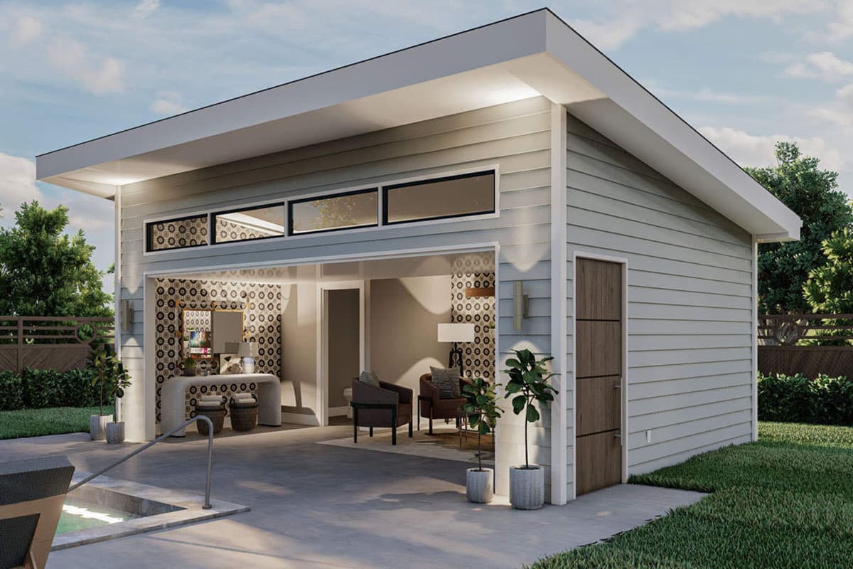 Modern house plan exterior with flat roof, horizontal siding, and a single-car garage opening to an outdoor lounge area.