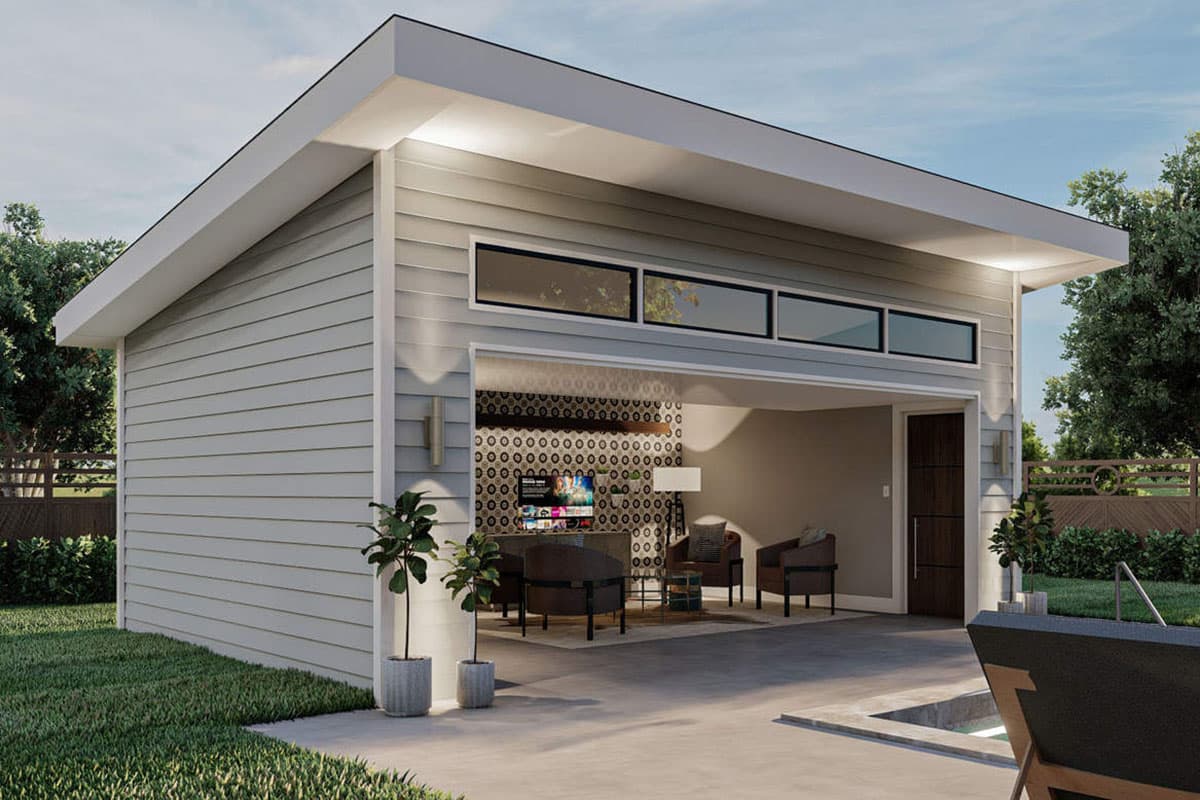 Modern house plan exterior with horizontal siding, a low-slope roof, and a large garage door opening to a living area.