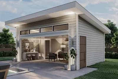 Contemporary Poolhouse or Work-from-home Plan with Garage Door and a Half Bath