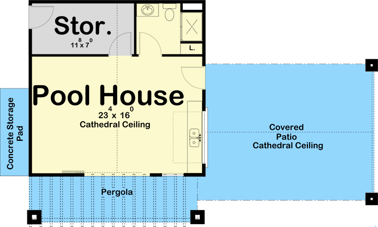 Plan 62972DJ: Contemporary Poolhouse Plan with Cathedral Ceiling Covered Patio - Floor Plan - Main Level