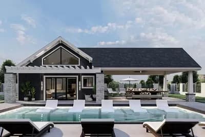 Contemporary Poolhouse Plan with Cathedral Ceiling Covered Patio