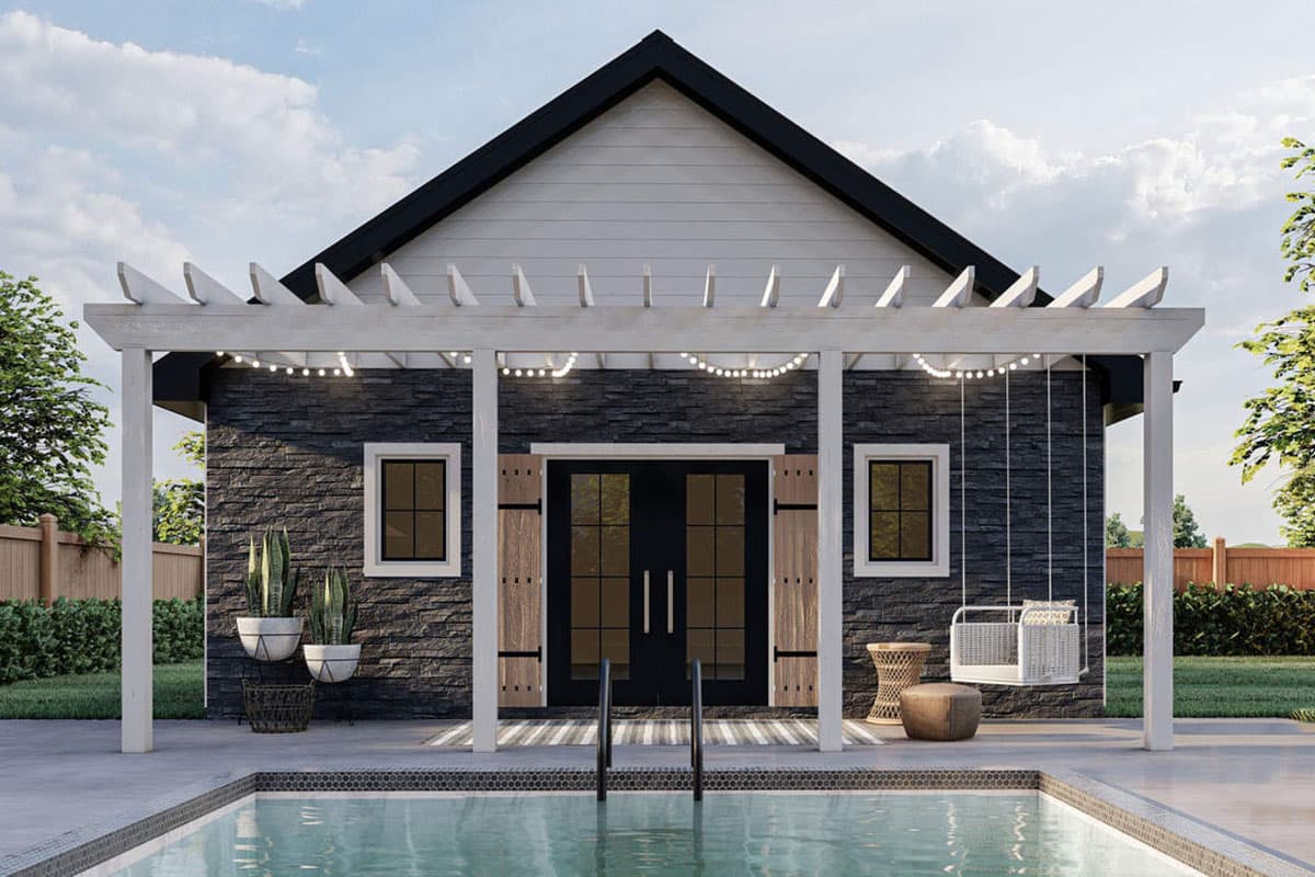 House plan exterior with stone facade, gable roof, double doors, pergola with string lights, and adjacent swimming pool.