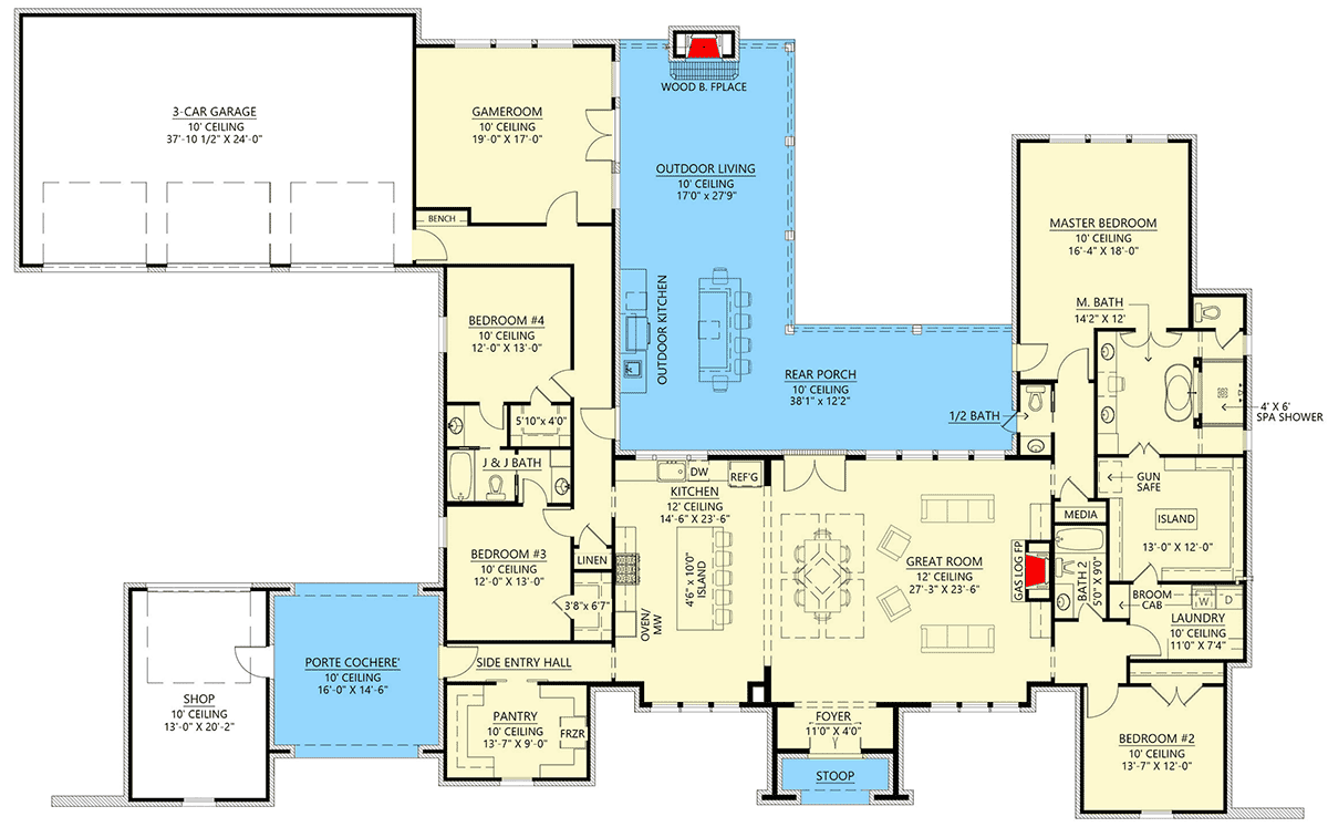 Plan 56488SM: 4-Bed French Country Home Plan with Porte Cochere and Outdoor Kitchen - Floor Plan - Main Level - Acadian, European, French Country, Louisiana-Style, Southern, Southern Traditional, Transitional