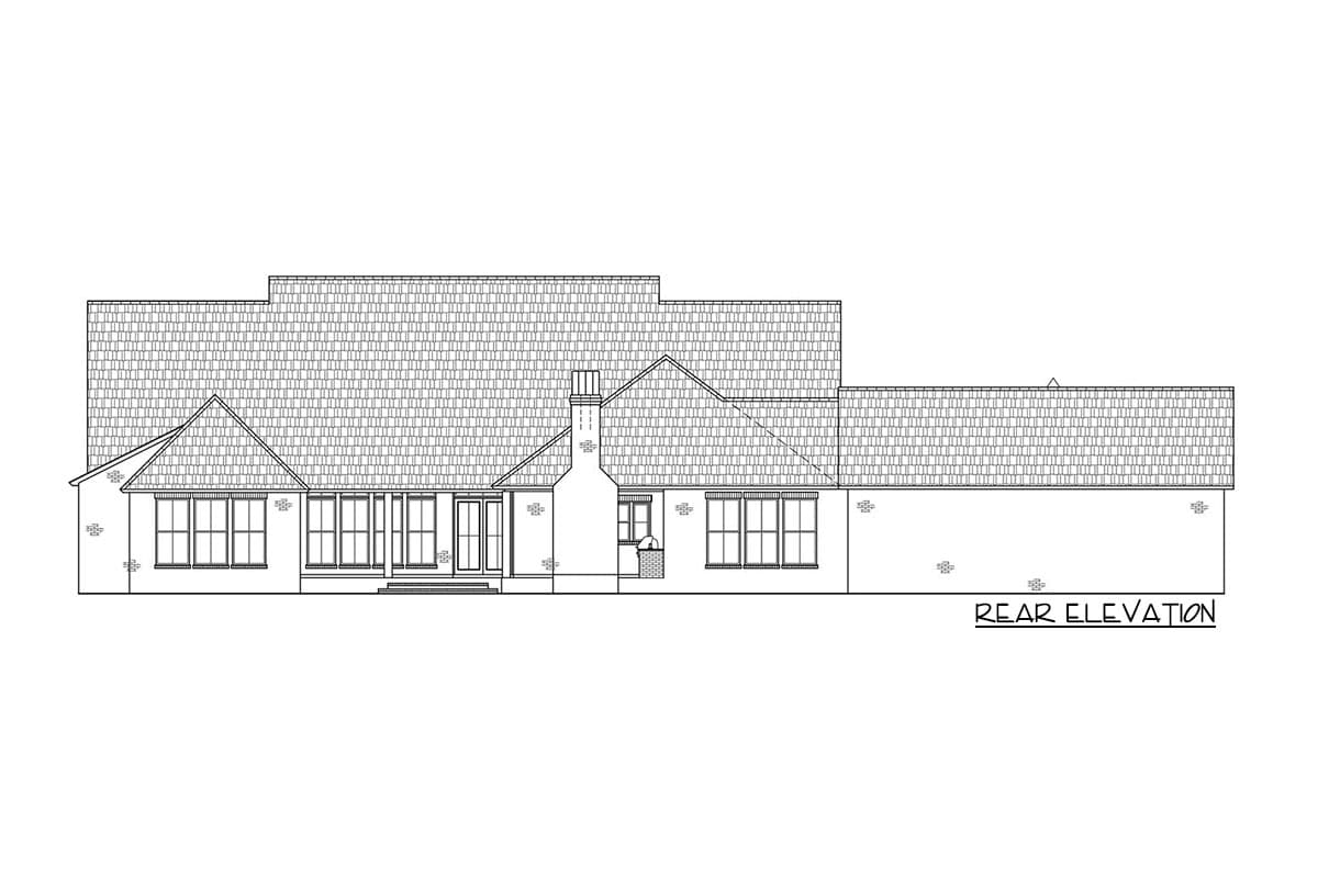 Rear elevation drawing of a house plan with multiple gables, a central chimney, and a series of windows.