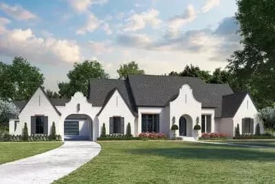 4-Bed French Country Home Plan with Porte Cochere and Outdoor Kitchen
