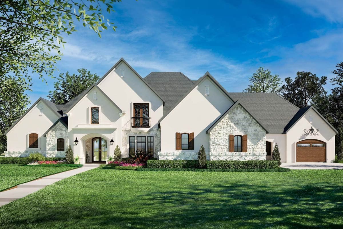 House plan exterior: two-story French Country style with stucco, stone accents, arched entryway, and side-entry garage.