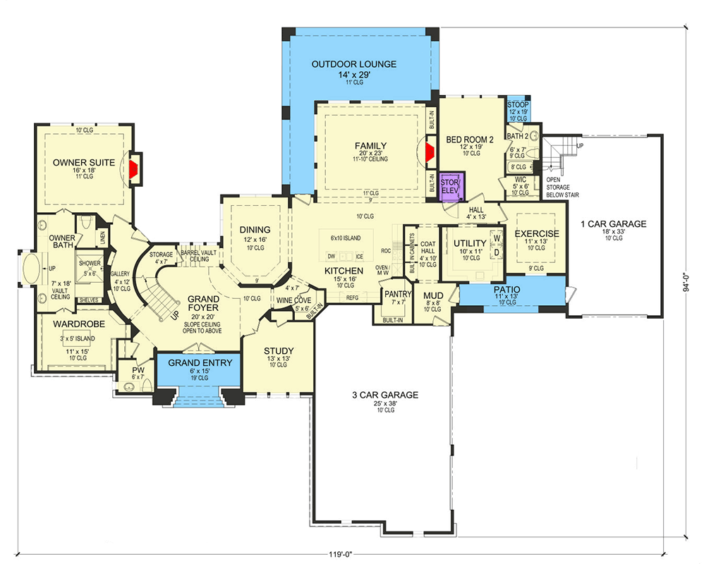 Plan 36642TX: 4-Bed House 2-Story House Plan with 4-Car Garage with Storage Elevator - Floor Plan - Main Level - Traditional