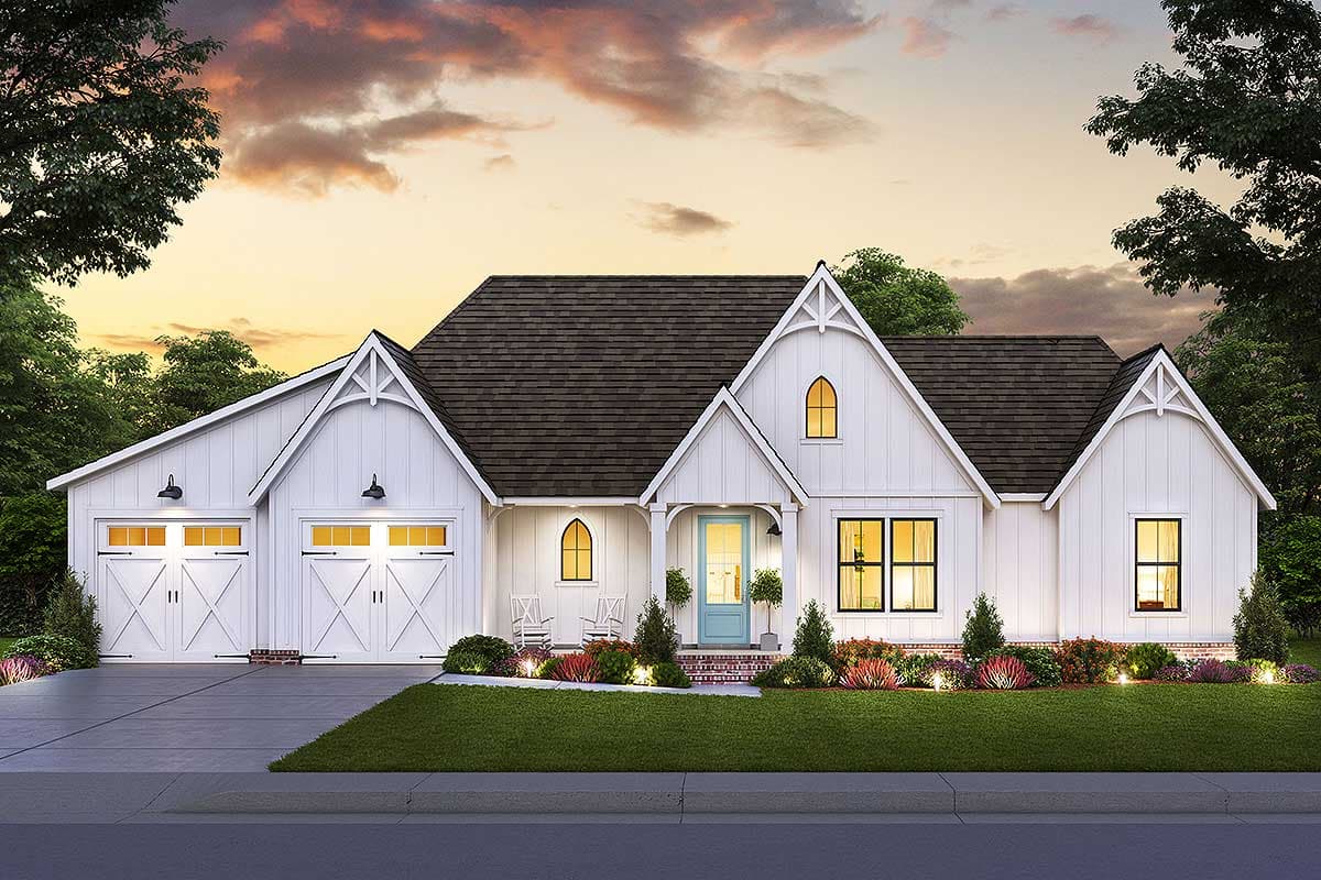 House plan exterior. One-story farmhouse style with a gabled roof, a front porch, and a garage with overhead doors and gables.
